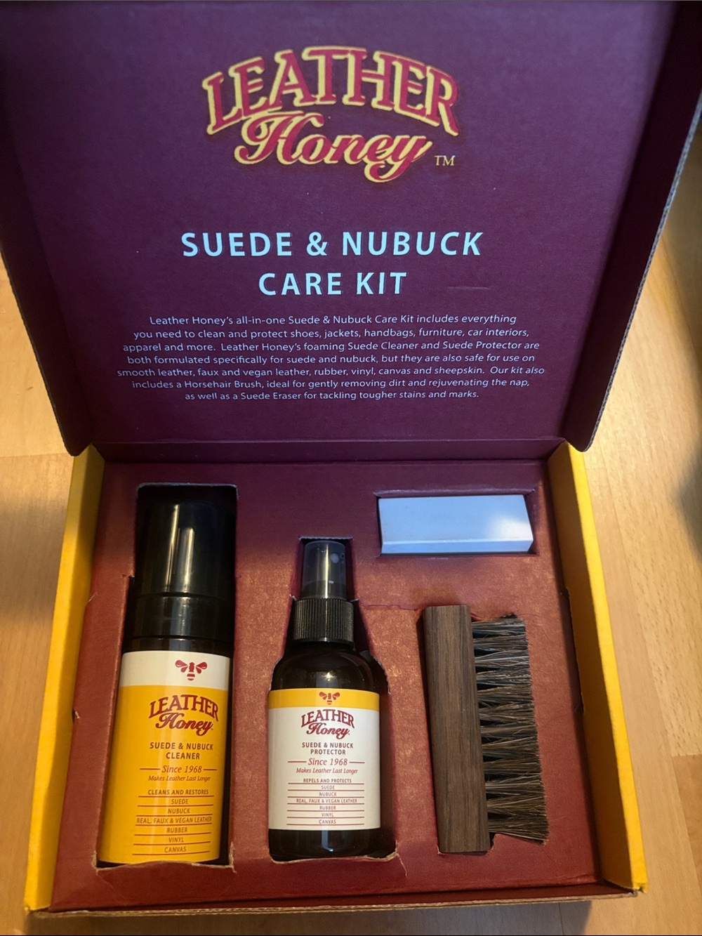 Leather Honey Suede & Nubuck Care Kit - Maroon Box with Yellow Logo